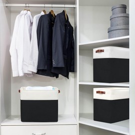 Bagnizer Large Fabric Storage Baskets | 50L Storage Bins, Decorative Linen Closet Baskets with Handles for Organizing, Shelf, Toys, Clothes, Home, Office, Nursery, 17x12x15Inches (Black&White)