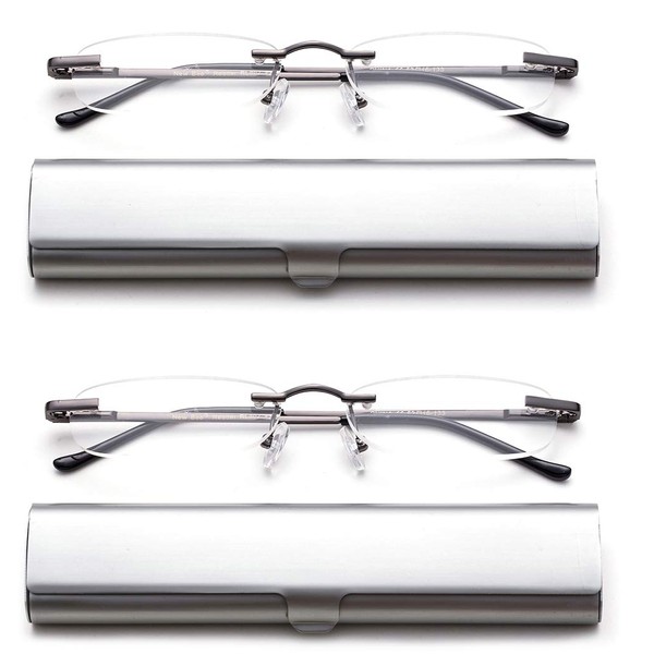2 anteojos de lectura compactas en tubo delgado lector sin borde en estuche de aluminio, 2 Pack - Gunmetal, Talla unica