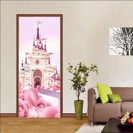 ChezMax Door Stickers Decals 3D Door Murals Peel and Stick, Removable Decorative Vinyl Wallpaper Waterproof Self Adhesive Wall Covers Poster for Home Office Decoration Pink Castle 30.3" W x 78.7" H