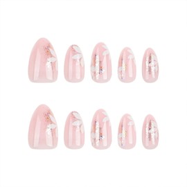 Pink Press on Nails Short Glue on Nails Almond Fake Nails White Flowers Acrylic Nails Glossy Glitter Full Cover Nails Press ons Hard Artificial Fall False Stick on Nails for Women Girl 24 Pcs