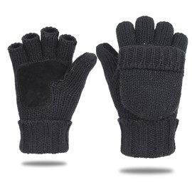 EGOGO Knit Convertible Fingerless Gloves Warm Wool Mittens Suede Thermal Insulation Mittens For Men and Women E605-1 (Black)
