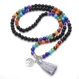 QGEM 108 Beads Gemstone Yoga Bracelet Wrap Amber Chakra Life Tree Buddha Buddhist Tibetan Prayer Beads Healing Reiki Mala Chain Necklace with Life Tree Pendant, Stainless Steel