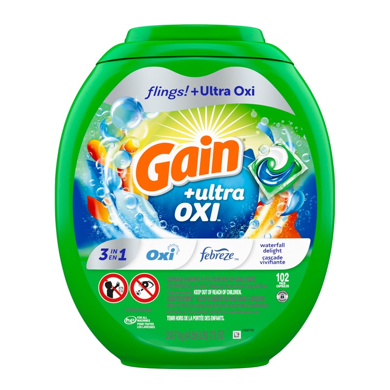 Gain Flings Ultra Oxi Laundry Detergent Pacs, 102 Count, Waterfall
