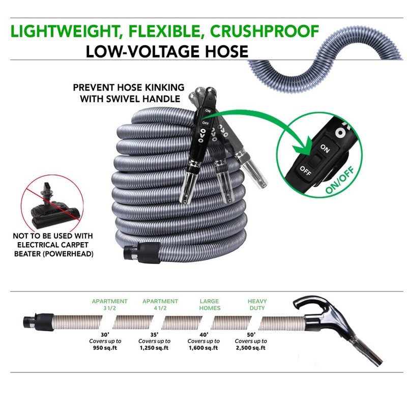 OVO Central Vacuum Standard Kit, with 30/35/40/50ft Low-Voltage Hose, ON/Off