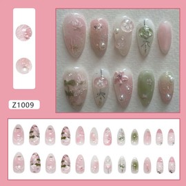 Medium Press On Nails Almond Fake Nails Gradient With Pearls Glitter Design Flower False Nails Pink Acrylic Nails Full Cover Glue On Nails Artificial Nails Glossy Stick On Nails For Women 24pcs