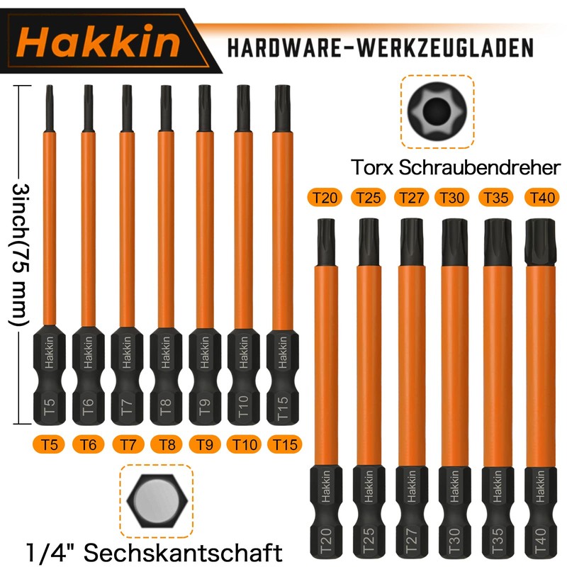 Hakkin T5-T40 Torx Bit Set Long 75 mm 13 Pieces