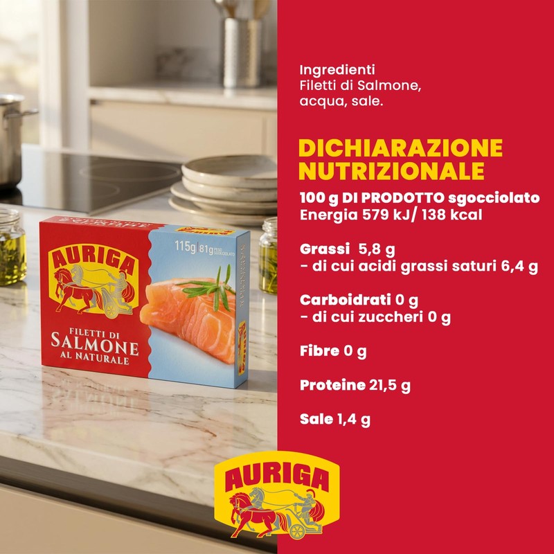 Auriga Filetti di Salmone al Naturale 115gr Cotti a Vapore.