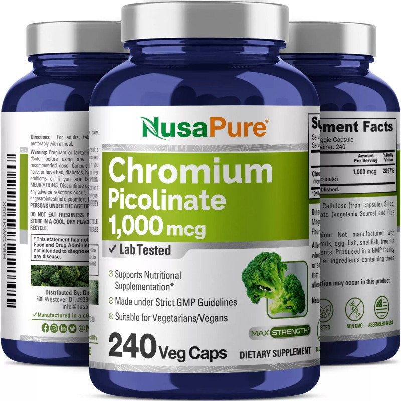 NusaPure Chromium Picolinate 1000mcg 240 Veggie Capsules (Non-GMO & Gluten