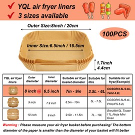 YQL Air Fryer Liners, 100pcs 8 inches Square Air Fryer Liners Disposable Non Stick Parchment Paper for COSORI, Ninja Speedi, Tower, Tefal Air Fryer 3L-5.5L for(Inner Size: 6.5inch)