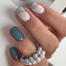 SRIMNUYY Square Press on Nails Short Fake Nails Glossy Acrylic Nails Press ons Sea Blue