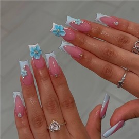 Long Press on Nails Square Fake Nails French False Nails Pink Artificial Nails with Blue Flowers and Gold Rhinestones Designs Cute Handmade Nails Floral Stick on Nails for Women 24pcs