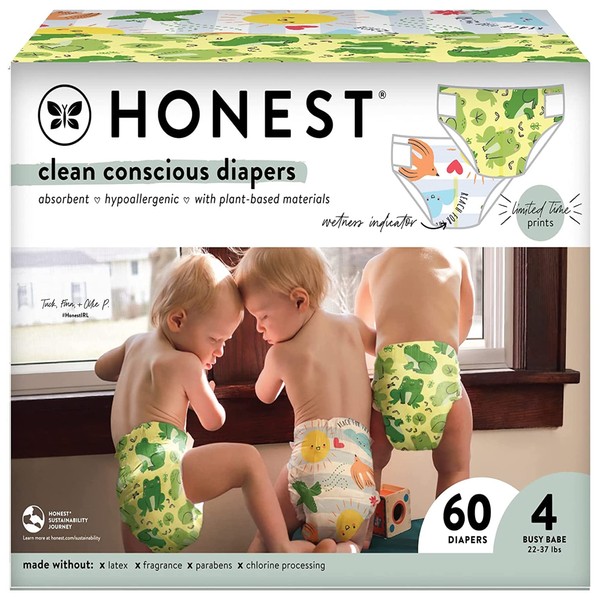 The Honest Company Clean Conscious Diapers | Plant-Based, Sustainable | Spring '23 Limited Edition Prints | Club Box, Size 4 (22-37 lbs), 60 Count