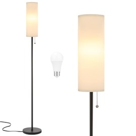 Ambimall Floor Lamp for Living Room with 3 Color Temperatures Bulb, 64" Standing lamp with Linen lampshade for Bedroom, Minimalist Pole Lamp, White Shade & Black Pole