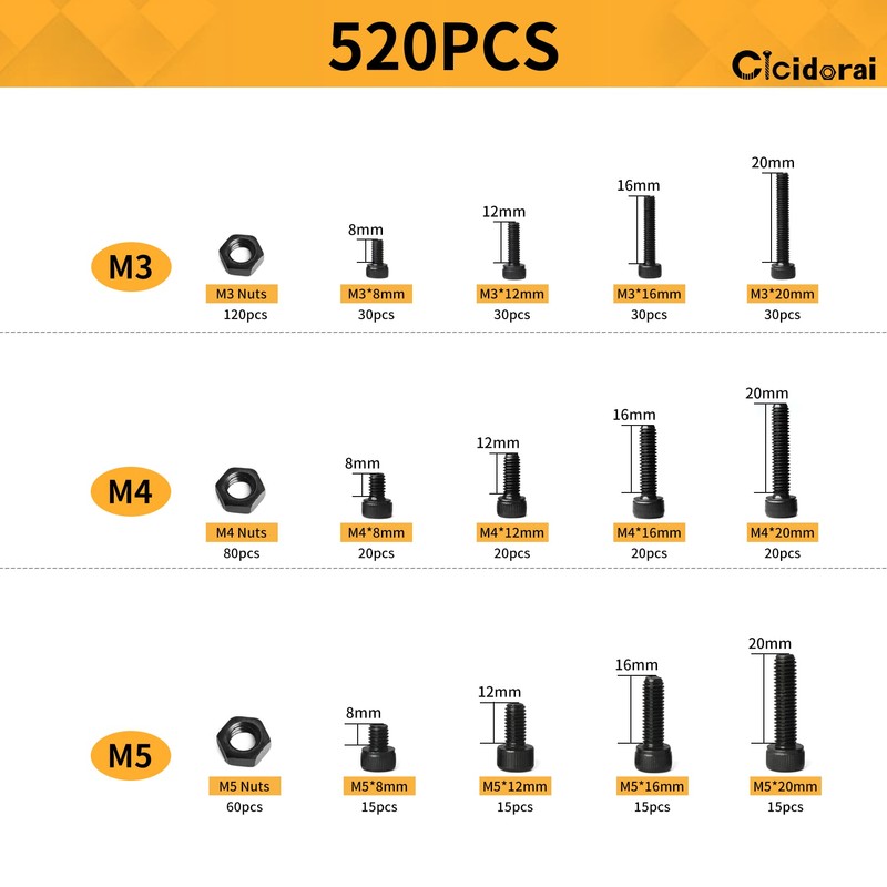 Cicidorai 520Pcs M3 M4 M5 12.9 Grade Alloy Steel,Hex Socket