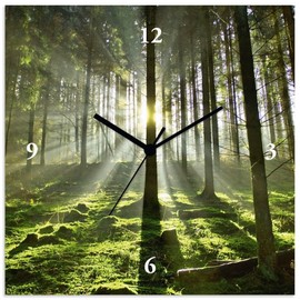 ARTLAND T5SV Wall Clock without Ticking Noises Aluminium Quartz Clock 30 x 30 cm Square Silent Nature Design Forest Sun Country House