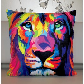 The Beach Stop Neon Rainbow Safari Jungle Lion Cushion Cover | Unique Living Room & Bedroom Animal Decor | Gift Idea | 45x45cm 18x18” | Colourful Lion