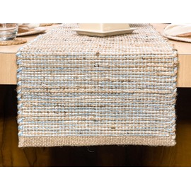 Chardin home Natural Jute Table Runner 13x90 Inch – Vintage Boho Rustic Table Decor – Handwoven Table Runner in Natural Jute and Sky Blue-White – Farmhouse Dining or Console Table Accent