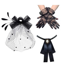 Aulufft Veil Fascinator Hat, Black Birdcage Veil Mesh Headband Bow Tie Short Lace Gloves for Tea Party Women