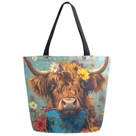 ZzWwR Chic Extra Large Shoulder Grocery Tote Bag, Farm Highland Cow Flower Blue Bucket Canvas Daily Gym Weekender Beach Travel Kitchen Reusable Market Shopping Handle Bag, Zzdf69758455p281c318s555