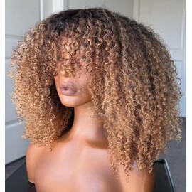 Limited Beauty Ombre Blonde Afro Kinky Curly Wigs Human Hair Brazilian Human Hair Highlight Scalp Top Full Machine Made Wig Afro Kinky Curly With Bangs Remy Human Hair For Women 14 Inch