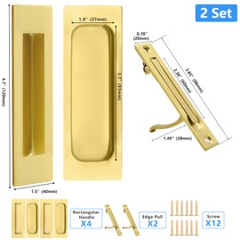 Dontay 2 Set Pocket Door Pull Handle,304 Stainless Steel, Rectangle Recessed Flush Finger Pulls&Edge Spring Pull,No Lock,Hardware Set for More Than 1-1/8” Thickness Sliding Door(Satin Brass,4.7'') ﻿