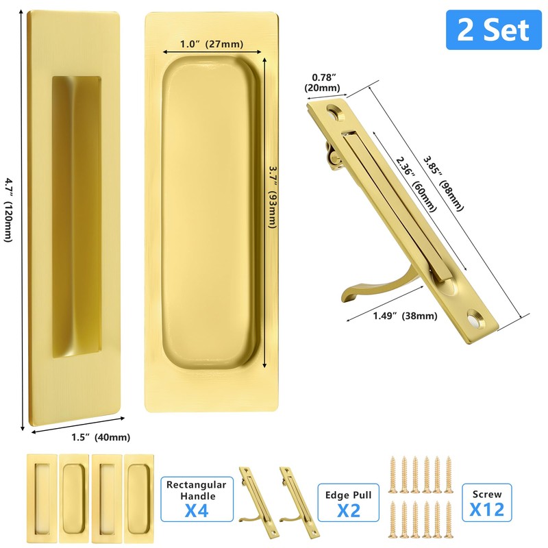 Dontay 2 Set Pocket Door Pull Handle,304 Stainless Steel, Rectangle