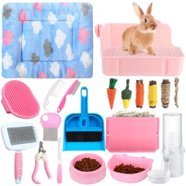 20 Pcs Rabbit Starter Kit for Christmas, Small Bunny Litter Box Animal Grooming Kit with Hanging Pet Bowls Water Bottle Bunny Toys Flannel Blankets with Cleaning Set for Guinea Pig Rabbit(Pink)