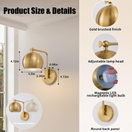 Powfloven Gold Battery Operated Wall Sconces Set of 2, Rechargeable Cordless Wall Light Fixture with Remote, Dimmable Wireless Battery Powered Wall Decor Lighting Lamp for Bedroom Living Room