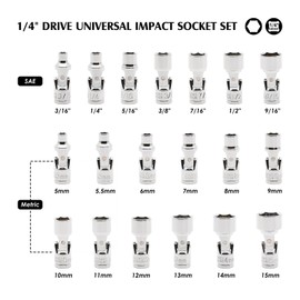 MIXPOWER 19-piece 1/4" Drive Universal Joint Socket Set, 6 Point, SAE & Metric, 5-15mm, 3/16"-9/16", Swivel Socket with Flexible Wobble, CR-V Impact Grade