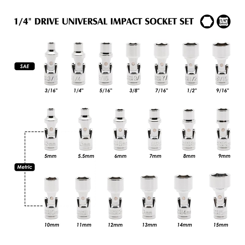 MIXPOWER 19-piece 1/4" Drive Universal Joint Socket Set, 6 Point,