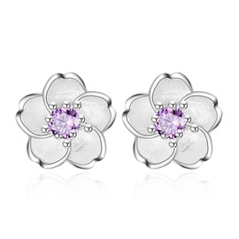 BG&WLing Cherry Flower Stud Earrings for Women, 925 Sterling Silver Stud Earrings with Cubic Zirconia Hypoallergenic Cute Fashion Jewelry (Purple)