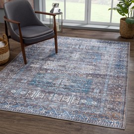 Bloom Rugs Washable 6' x 9' Rug - Slate Gray/Blue Traditional Area Rug for Living Room, Bedroom, Dining Room, and Kitchen - Exact Size: 6' x 9'