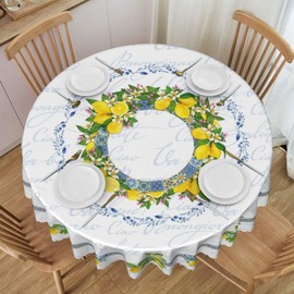 GARSYDAM Lemon Tablecloth, Farmhouse Mediterranean Ceramic Tiles Blue Elegant Floral Water Resisitant Wipeable Table Cover for Dining Kitchen Living Room Home Party Holiday Decor 36 inch Round