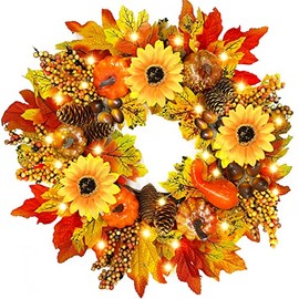 [ Prelit & Timer ] Sunflower Fall Wreath Front Door Thanksgiving Decorations 20 Warm Lights Maple Leaves Pumpkins Pinecone Acorn Battery Operated Harvest Autumn Fall 17 Inch Wreath Home Decor
