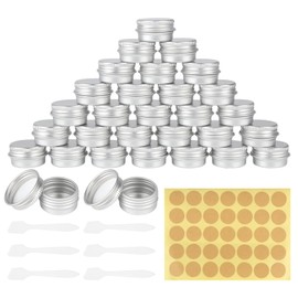 RVLZKCPG Aluminium Lip Balm Containers, Pack of 30 Small Tins, 5 ml Cream Jars for Filling, Jars with Lid with Round Stickers and Cream Scoop for Lip Balm, Cosmetics, Cream, Samples (Silver)
