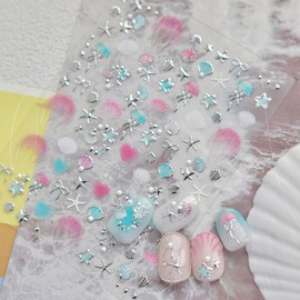1 Sheets Summer Nail Stickers for Nail Art 5D Embossed Shell Starfish Nail Art Stickers with Bow Pearl Glitter Self-Adhesive Design Silver Star Jellyfish Nail Decals Supplies for Women Girls Acrylic