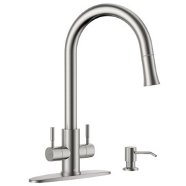APPASO 2 Handle Kitchen Faucet with Soap Dispenser, Brushed Nickel Two-Handle Kitchen Sink Faucets with S304 Stainless Steel Pull Down Sprayer 1 Mode and Deck Plate for 1 to 4 Holes Sinks, High Arch