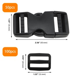 ZOENHOU 50 Set 1 Inch Black Plastic Strap Buckles, 50 Flat Side Release, 100 Triglides Slides, Adjustable, Secure and Durable for Straps, Backpacks, Belts and Webbing, Black, 1 Inch