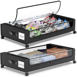 Molutsody Under Bed Storage with Wheels, 2-Pack Under the Bed Storage Containers with Lids, Rolling UnderBed Storage Metal Drawer for Clothes, Shoes, Toys, Blankets (Black)
