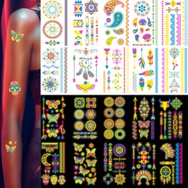 Glow in The Dark Temporary Tattoos 20 Sheets Aldult Blacklight Fluorescence UV Neon Body Face Fake Tattoo Stickers for Women Girls, Rave Festival Accessory Decorations Party Supplies