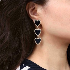 TseenYi Black Enamel Heart Earrings Long Black Heart Earrings Interlocking Heart Drop Earrings Vintage Triple Heart Love Earrings Jewellery for Women and Girls, Zinc