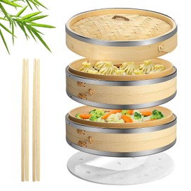 Flexzion Bamboo Steamer Basket Set (8 inch) with Stainless Steel Banding, 50 x Steamer Liners and 2 Pairs of Chopsticks, Steam Baskets for DimSum Dumplings, Rice, Vegetables, Fish and Meat