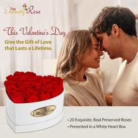 The Eternity Rose 20-Piece Preserved Roses in a Luxury Gift Box – Real Roses in White Heart Box – A Valentine’s Gift as Everlasting as Your Love