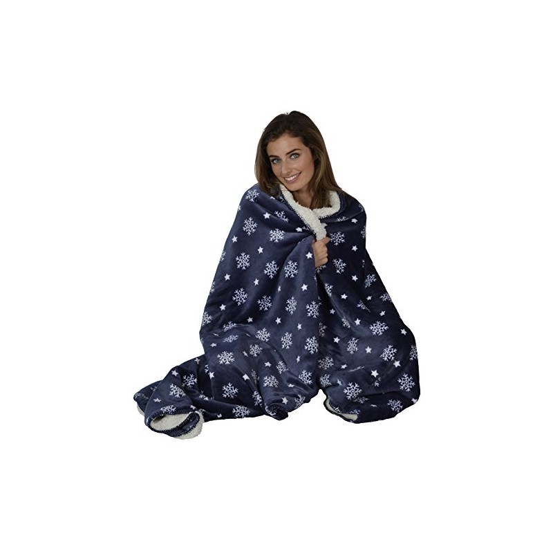 Micro-Pro Navy Snowflake Sherpa Lined Fleece Blanket Throw Cosy Soft