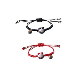 2 Pieces Cat Maneki Neko Bracelet Cute Lucky Cat Ceramic Beads Bracelets Feng Shui Lucky Bracelet Japanese Fortune String Bracelet with Bell Adjustable for Women - red & black