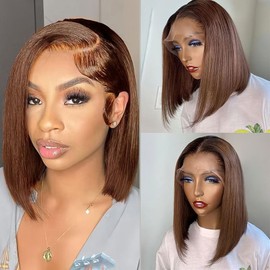 MOOTAFUL Chocolate Brown Bob Wig Human Hair 200% Density 13x4 HD Lace Front Wigs Human Hair for Women Straight Short Bob Wigs #4 12 Inch