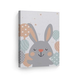 Smile Art Design Cute Gray Rabbit with Balloons White Background Canvas Print Kids Room Decor Wall Art Baby Room Decor Kids Room Decor Nursery Decor Ready to Hang Made in The USA 17x11