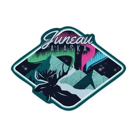Die Cut Sticker Juneau, Alaska, Northern Lights and Moose, Vector, Contour Vinyl Sticker 1 to 3 inches (Waterproof Decal for Cars, Water Bottles, Laptops, Coolers), Small