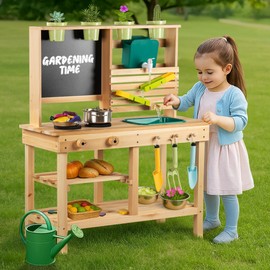 Mud Kitchen for Kids Outdoor, Toddler Wooden Pretend Play Kitchen Playset with Sink, Cookware, Stove, Chalkboard, Faucet & Storage Shelves for Backyard Garden Toy Gift for 3+ Years Old