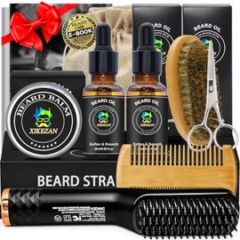 Kit de alisador de barba para hombres, kit de crecimiento de barba con 2 unidades de aceite de crecimiento, bálsamo de naranja natural, peine, tijeras y cepillo para polvo, doble voltaje apto para